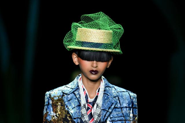 A model walks the runway during the 2027 Spring/Summer Thom Browne show as part of New York Fashion Week in New York on September 15, 2026. (Photo by ANGELA WEISS / AFP)