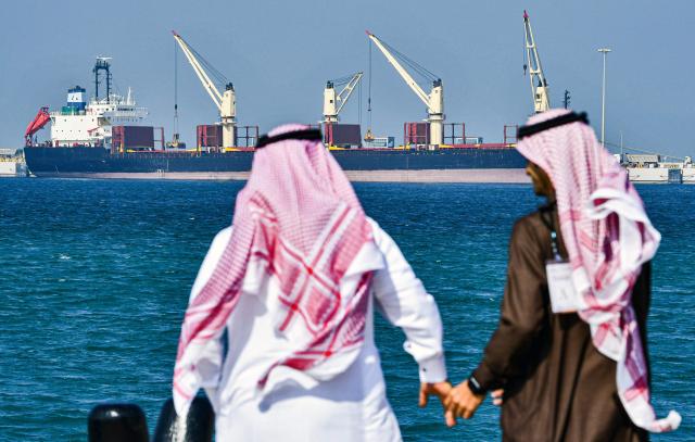 (FILES) This picture taken on December 11, 2019, shows an oil tanker at the port of Ras al-Khair, about 185 kilometres north of Dammam in Saudi Arabia's eastern province overlooking the Gulf. The Saudi-led coalition battling Yemen's Houthis accused the rebels on September 16, 2026, of targeting Islam's holy city Mecca, sparking outrage across the Muslim world and deepening the conflict roiling the region. (Photo by GIUSEPPE CACACE / AFP)