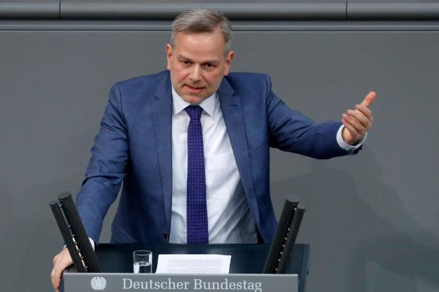 (FILES) Leif-Erik Holm, German MP of the far-right Alternative fuer Deutschland (AfD) party, speaks during a session of the Bundestag (lower house of parliament), during which immediate measures in the Corona crisis are discussed, on March 13, 2020 in Berlin. Germany's anti-immigration AfD is eyeing another election triumph on September 20, 2026 in the northeastern coastal state of Mecklenburg-Western Pomerania, where the popular premier Manuela Schwesig is campaigning on the promise she can hold back a rising far-right tide. Schwesig of the centre-left SPD -- a cancer survivor with high personal approval ratings and a large social media following -- is fighting a battle watched closely across Germany. Leif-Erik Holm, 56, is not known for the radical edge or charisma of some other AfD figures but has every chance of cruising to victory on the party's current momentum. (Photo by Odd ANDERSEN / AFP)