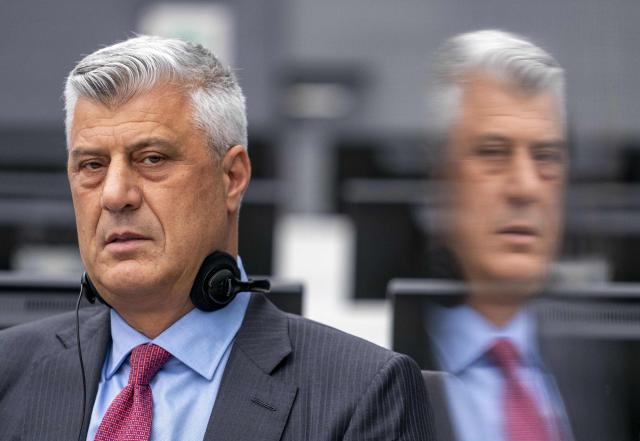 (FILES) Kosovar former president Hashim Thaci sits for the first time before a war crimes court in The Hague on November 9, 2020, to face charges relating to the 1990s conflict with Serbia. Kosovo's former president Hashim Thaci was found guilty of war crimes and jailed for 25 years by a tribunal in the Hague on September 16, 2026, the court said in a long-awaited verdict likely to spark outrage in the Balkan country. The judges said Thaci, who was tried along with three other former guerrilla leaders, was guilty of illegal arrests, torture, murder and cruel treatment. Thaci is considered a hero by many in Kosovo, who have been eagerly awaiting the verdict after a three-year trial. (Photo by Jerry Lampen / various sources / AFP) / Netherlands OUT