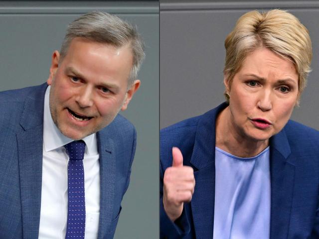 (COMBO) This combination of pictures created on September 16, 2026 shows Mecklenburg-Western Pomerania's State Premier and the Social Democratic Party's (SPD) top candidate for the upcoming regional elections in the northern German state of Mecklenburg-Western Pomerania Manuela Schwesig (R) speaking during a debate at the Bundestag (lower house of parliament) in Berlin on March 13, 2025, and
Leif-Erik Holm, German MP of the far-right Alternative fuer Deutschland (AfD) party and AfD candidate for State Premier in Mecklenburg-Western Pomerania, speaking during a session of the Bundestag (lower house of parliament) on March 13, 2020 in Berlin.. Germany's anti-immigration AfD is eyeing another election triumph on September 20, 2026 in the northeastern coastal state of Mecklenburg-Western Pomerania, where the popular premier Manuela Schwesig is campaigning on the promise she can hold back a rising far-right tide. Schwesig of the centre-left SPD -- a cancer survivor with high personal approval ratings and a large social media following -- is fighting a battle watched closely across Germany. The AfD's candidate for State Premier Leif-Erik Holm, 56, is not known for the radical edge or charisma of some other AfD figures but has every chance of cruising to victory on the party's current momentum. (Photo by Odd ANDERSEN and Tobias SCHWARZ / AFP)