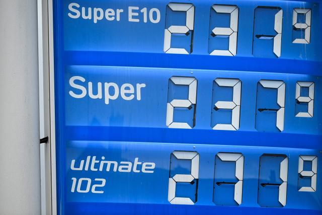 A digital display shows the prices of petrol at an Aral gas station in Frankfurt am Main, western Germany, on September 16, 2026. (Photo by Kirill KUDRYAVTSEV / AFP)