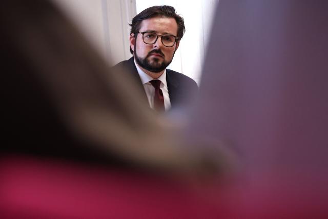 Socialistes et Apparentes MP Philippe Brun looks on as he addressses media during a press conference at the National Assembly in Paris on September 16, 2026, following the party’s provisional decision to suspend him “due to allegations of violence.”. Philippe Brun, 34 years old, who had announced on September 15, 2026 that he had the endorsements required to take part in the primary, has been suspended from the Parti socialiste as a precautionary measure following accusations by a female activist concerning "facts liable to be characterised as criminal", the PS leadership said. (Photo by SIMON WOHLFAHRT / AFP)