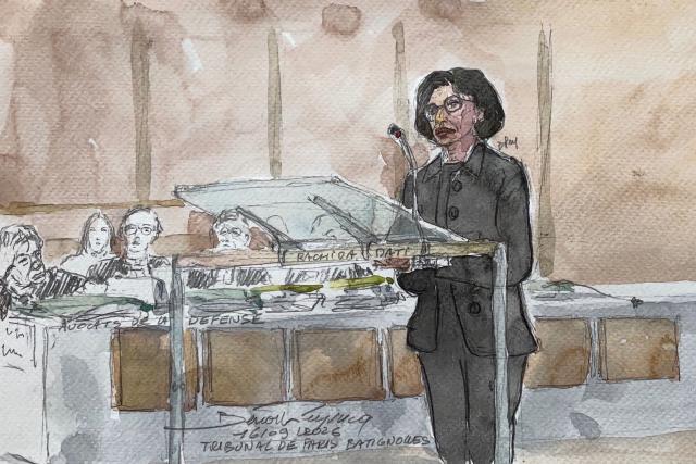This court sketch made on September 16, 2026 shows former French culture minister Rachida Dati during her trial on corruption charges at a Paris courthouse on September 16, 2026. France's ex-culture minister Rachida Dati appeared in court on September 16, 2026 on corruption charges linked to dealings with the Renault-Nissan group, just months after her bruising defeat in the Paris mayoral race. One of the most prominent figures on the French right, Dati, 60, stood in court dressed in black to hear the charges against her, all of which she denies. (Photo by Benoit PEYRUCQ / AFP)