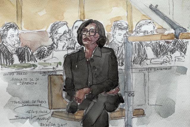 This court sketch made on September 16, 2026 shows former French culture minister Rachida Dati during her trial on corruption charges at a Paris courthouse on September 16, 2026. France's ex-culture minister Rachida Dati appeared in court on September 16, 2026 on corruption charges linked to dealings with the Renault-Nissan group, just months after her bruising defeat in the Paris mayoral race. One of the most prominent figures on the French right, Dati, 60, stood in court dressed in black to hear the charges against her, all of which she denies. (Photo by Benoit PEYRUCQ / AFP)