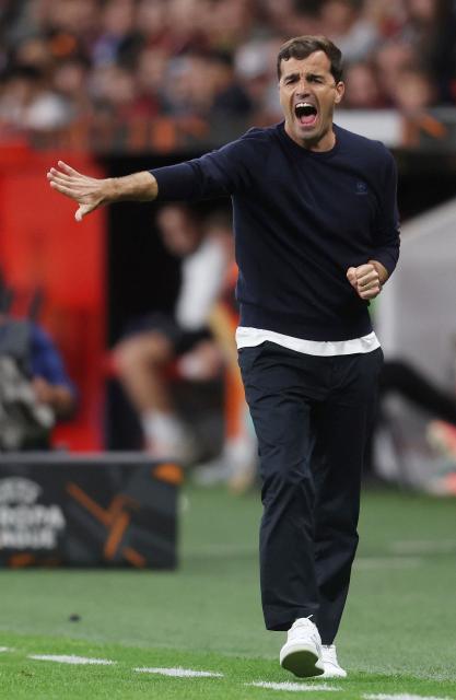 Bayer Leverkusen's Spanish head coach Carles Martinez reacts during the UEFA Europa League football match between Bayer Leverkusen and NK Celje in Leverkusen, western Germany on September 16, 2026. (Photo by Leon Kuegeler / AFP)