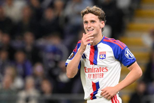 Lyon's English midfielder #23 Tyler Morton reacts during the UEFA Europa League, league phase, matchday 1, football match between RSC Anderlecht and Olympique Lyonnais (OL) at Constant Vanden Stock Stadium in Anderlecht, near Brussels on September 16, 2026. (Photo by JOHN THYS / AFP)