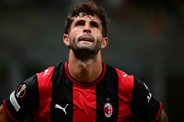 Ac Milan’s American midfielder #11 Christian Pulisic reacts during the UEFA Europa League 1st round day 1 football match between Ac Milan and Benfica at the San Siro Stadium in Milan on September 16, 2026. (Photo by Marco Bertorello / AFP)