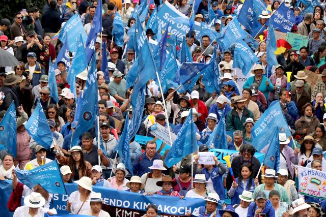 Demonstrators take part in a march in defense of water resources and against mining projects in Cuenca, Ecuador on September 16, 2026. (Photo by Galo Paguay / AFP)