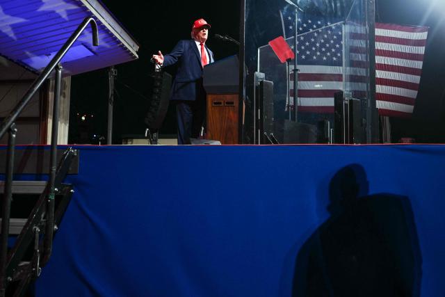 US President Donald Trump speaks at a rally at Gastonia Municipal Airport in Gastonia, North Carolina, on September 16, 2026. Trump is campaigning for Republican US Senate candidate Michael Whatley. (Photo by Brendan SMIALOWSKI / AFP)