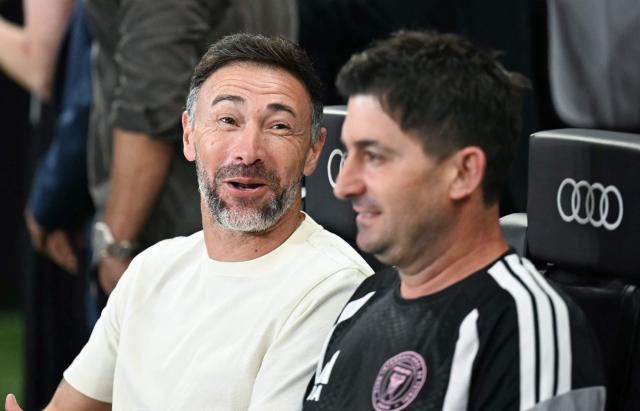 Inter Miami's Argentine coach Kily Gonzalez (L) looks on ahead of the Campeones Cup final football match between Inter Miami CF and Mexico's Cruz Azul at Nu Stadium in Miami, Florida, on September 16, 2026. (Photo by CHANDAN KHANNA / AFP)