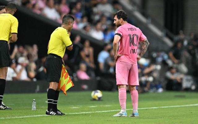 Inter Miami's Argentine forward #10 Lionel Messi speaks with the referee for a possible foul during the Campeones Cup final football match between Inter Miami CF and Mexico's Cruz Azul at Nu Stadium in Miami, Florida, on September 16, 2026. (Photo by CHANDAN KHANNA / AFP)