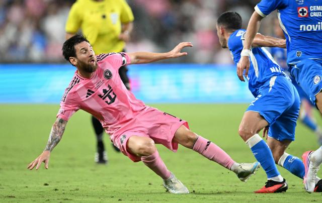Inter Miami's Argentine forward #10 Lionel Messi falls after Cruz Azul's midfielder #06 Erik Lira pushed him during the Campeones Cup final football match between Inter Miami CF and Mexico's Cruz Azul at Nu Stadium in Miami, Florida, on September 16, 2026. (Photo by CHANDAN KHANNA / AFP)