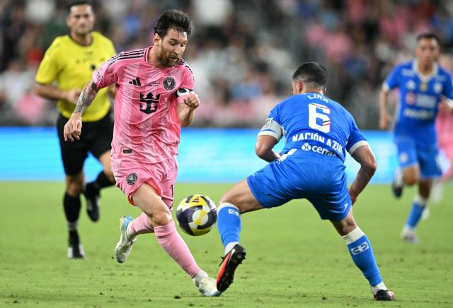 Inter Miami's Argentine forward #10 Lionel Messi and Cruz Azul's midfielder #06 Erik Lira fight for the ball during the Campeones Cup final football match between Inter Miami CF and Mexico's Cruz Azul at Nu Stadium in Miami, Florida, on September 16, 2026. (Photo by CHANDAN KHANNA / AFP)