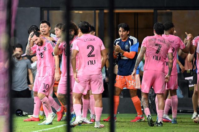Inter Miami's Argentine forward #10 Lionel Messi (L) celebrates with teammates after Inter Miami's Brazilian defender #05 Casemiro scored their team second goal during the Campeones Cup final football match between Inter Miami CF and Mexico's Cruz Azul at Nu Stadium in Miami, Florida, on September 16, 2026. (Photo by CHANDAN KHANNA / AFP)