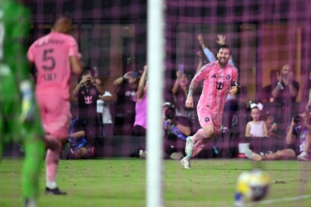 Inter Miami's Argentine forward #10 Lionel Messi celebrates after Inter Miami's Brazilian defender #05 Casemiro scored on a header assisted by him during the Campeones Cup final football match between Inter Miami CF and Mexico's Cruz Azul at Nu Stadium in Miami, Florida, on September 16, 2026. (Photo by CHANDAN KHANNA / AFP)