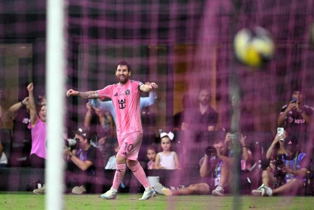 Inter Miami's Argentine forward #10 Lionel Messi celebrates after Inter Miami's Brazilian defender #05 Casemiro scored on a header assisted by him during the Campeones Cup final football match between Inter Miami CF and Mexico's Cruz Azul at Nu Stadium in Miami, Florida, on September 16, 2026. (Photo by CHANDAN KHANNA / AFP)