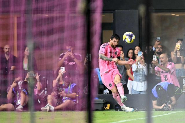 Inter Miami's Argentine forward #10 Lionel Messi shoots a corner kick that assisted Inter Miami's Brazilian defender #05 Casemiro to score on a header during the Campeones Cup final football match between Inter Miami CF and Mexico's Cruz Azul at Nu Stadium in Miami, Florida, on September 16, 2026. (Photo by CHANDAN KHANNA / AFP)
