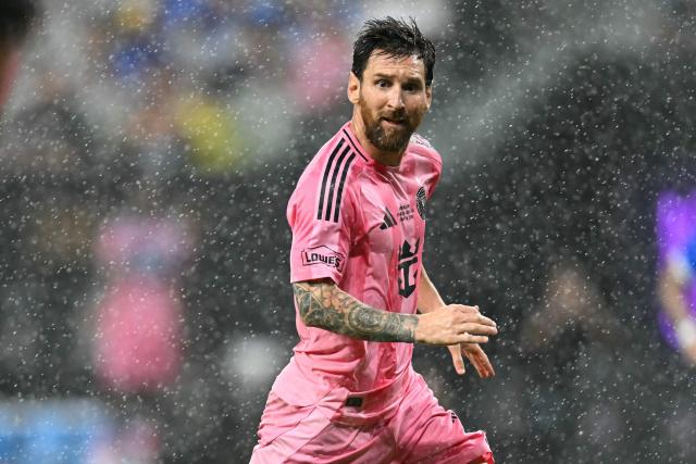 Inter Miami's Argentine forward #10 Lionel Messi runs under a light rain during the Campeones Cup final football match between Inter Miami CF and Mexico's Cruz Azul at Nu Stadium in Miami, Florida, on September 16, 2026. (Photo by CHANDAN KHANNA / AFP)