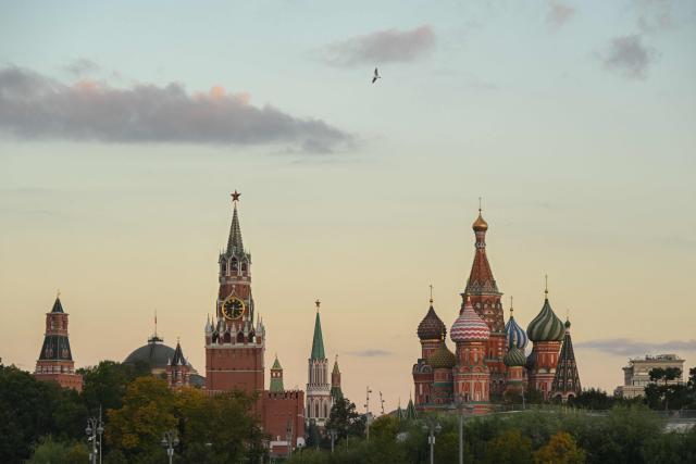 This photograph shows a general view of the Kremlin and St Basil's cathedral during the sunrise taken in central Moscow on September 17, 2026. (Photo by Igor IVANKO / AFP)