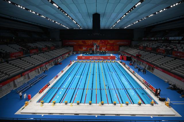 A general view shows the pool at the Tokyo Aquatics Centre ahead of the 2026 Asian Games in Tokyo on September 17, 2026. (Photo by ANDREW CABALLERO-REYNOLDS / AFP)