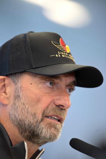 Germany's National coach Juergen Klopp addresses a press conference to announce his squad, on September 17, 2026 at the headquarters of DFB (German Football Federation) in Frankfurt, western Germany, ahead of the Nations league football matches. (Photo by Hannes P. Albert / AFP)