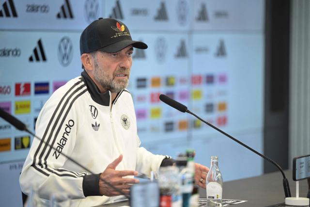 Germany's National coach Juergen Klopp gestures as he addresses a press conference to announce his squad, on September 17, 2026 at the headquarters of DFB (German Football Federation) in Frankfurt, western Germany, ahead of the Nations league football matches. (Photo by Hannes P. Albert / AFP)