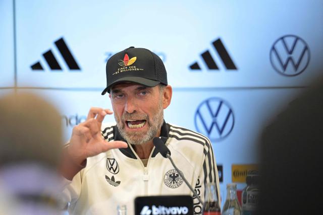 Germany's National coach Juergen Klopp gestures as he addresses a press conference to announce his squad, on September 17, 2026 at the headquarters of DFB (German Football Federation) in Frankfurt, western Germany, ahead of the Nations league football matches. (Photo by Hannes P. Albert / AFP)