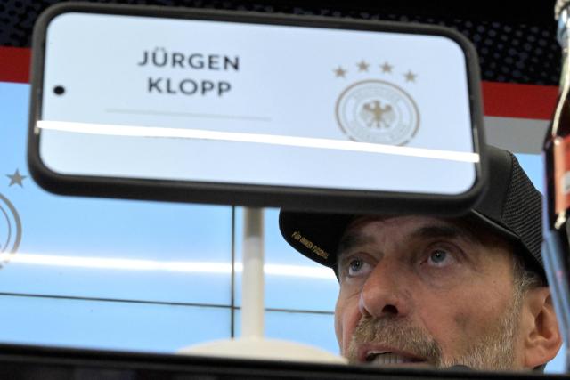 Germany's National coach Juergen Klopp gestures as he addresses a press conference to announce his squad, on September 17, 2026 at the headquarters of DFB (German Football Federation) in Frankfurt, western Germany, ahead of the Nations league football matches. (Photo by Hannes P. Albert / AFP)