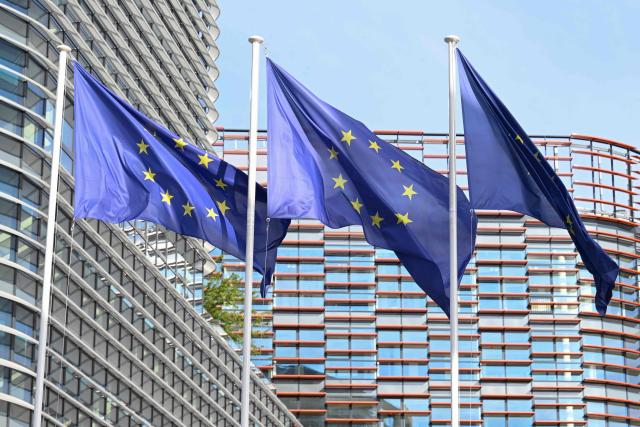 This photograph shows the European flags flapping in the breeze in front of the Louise Weiss building headquarters of the European Parliament, in Strasbourg, eastern France on September 17, 2026. (Photo by Jean-Christophe VERHAEGEN / AFP)