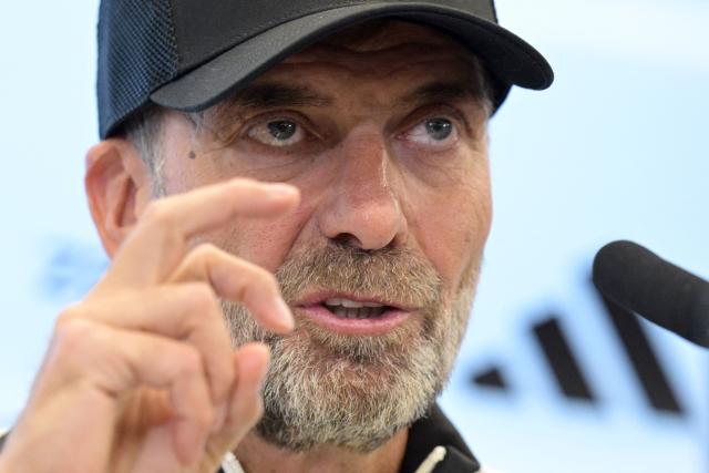 Germany's National coach Juergen Klopp gestures as he addresses a press conference to announce his squad, on September 17, 2026 at the headquarters of DFB (German Football Federation) in Frankfurt, western Germany, ahead of the Nations league football matches. (Photo by Hannes P. Albert / AFP)