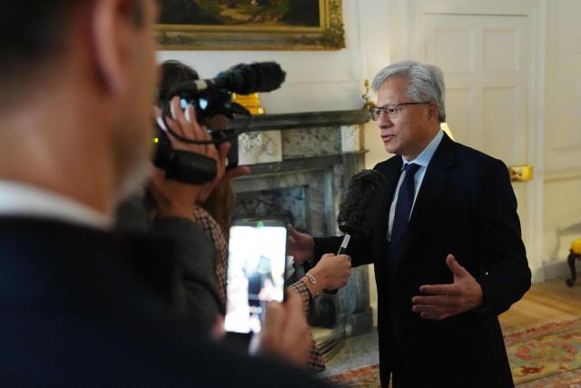 Nvidia chief executive Jensen Huang records a pool interview ahead of a conference hosted by Britain's King Charles III for leaders from the artificial intelligence (AI) sector and government, at Dumfries House in Cumnock, Scotland on September 17, 2026. The king was to expected to urge tech giants to ensure that artificial intelligence is geared to serve humanity and that mankind does "not lose control". (Photo by Jonathan Brady / POOL / AFP)
