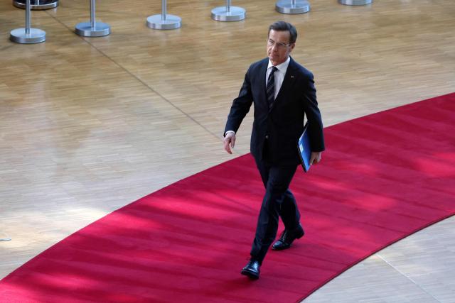 (FILES) Sweden's Prime Minister Ulf Kristersson arrives for the start of a European Union Summit at the Europa Building Forum, in Brussels on March 20, 2025. Sweden's conservative Prime Minister Ulf Kristersson announced his resignation on September 17, 2026 after the left-wing opposition won a slim majority in parliament in the country's general election. (Photo by Ludovic MARIN / AFP)