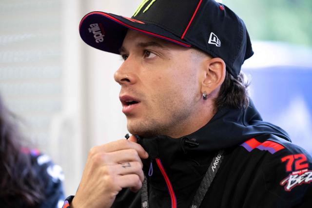 Aprilia Racing Team's Italian rider Marco Bezzecchi speaks to journalists at the Red Bull Ring racetrack in Spielberg, Austria on September 17, 2026 prior to the Austrian Moto GP Grand Prix 2026. (Photo by Joe Klamar / AFP)