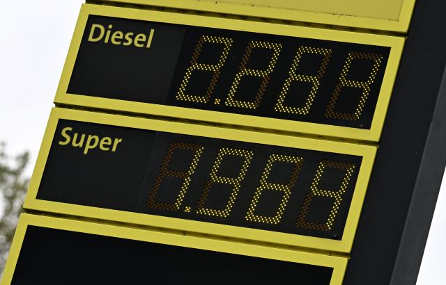 This photo taken on September 17, 2026 shows a digital display of the prices for different kinds of fuel at an oil and gas station - Diesel and Super - in Neulengbach, Austria. (Photo by HELMUT FOHRINGER / APA / AFP) / Austria OUT