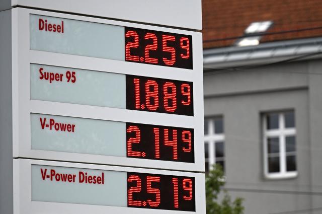This photo taken on September 17, 2026 shows a digital display of the prices for different kinds of fuel at an oil and gas station - Diesel, Super 95, V-Power and V-Power Diesel - in Vienna. (Photo by HELMUT FOHRINGER / APA / AFP) / Austria OUT