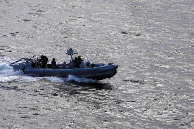 A Zodiac Hurricane boat is pictured as members of Finnish Border Guard, Police and Armed Forces take part in the MARSEC EU 26 joint exercise hosted by the Finnish Border Guard off Helsinki in the Gulf of Finland, Finland on September 17, 2026. MARSEC EU 26 is the European Union's third annual maritime security exercise and is currently taking place in Finland. Hosted by the Finnish Border Guard and organised together with EU Member States and agencies, the exercise supports better coordination and information exchange. Special attention is given to protecting key underwater infrastructure, including cables and pipelines, and to dealing with suspicious maritime activity and potential hybrid threats. (Photo by Alessandro RAMPAZZO / AFP)
