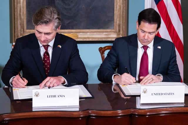 US Secretary of State Marco Rubio and Lithuanian Foreign Minister K?stutis Budrys (L) sign a Critical Minerals Framework Memorandum of Understanding during a signing ceremony at the State Department in Washington, DC, September 17, 2026. (Photo by SAUL LOEB / AFP)