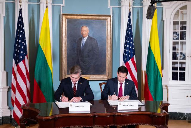 US Secretary of State Marco Rubio and Lithuanian Foreign Minister K?stutis Budrys (L) sign a Critical Minerals Framework Memorandum of Understanding during a signing ceremony at the State Department in Washington, DC, September 17, 2026. (Photo by SAUL LOEB / AFP)