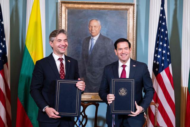 US Secretary of State Marco Rubio and Lithuanian Foreign Minister K?stutis Budrys (L) stand after signing a Critical Minerals Framework Memorandum of Understanding during a signing ceremony at the State Department in Washington, DC, September 17, 2026. (Photo by SAUL LOEB / AFP)