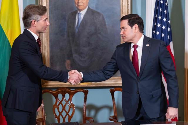 US Secretary of State Marco Rubio and Lithuanian Foreign Minister K?stutis Budrys (L) shake hands after signing a Critical Minerals Framework Memorandum of Understanding during a signing ceremony at the State Department in Washington, DC, September 17, 2026. (Photo by SAUL LOEB / AFP)