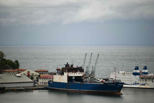 This photograph shows the Ro-Ro cargo ship named "Lider Bordo Mavi" at the Port of Trabzon, northeastern Turkey on September 15, 2026 after being hit in August in the Black Sea. Turkey has sent a proposal to Russia and Ukraine that would end attacks on civilian ships in the Black Sea, a Turkish diplomat told AFP on September 17, 2026. (Photo by YASIN AKGUL / AFP)