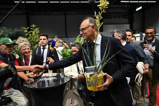 Right wing party Horizons candidate in France's 2027 presidential election Edouard Philippe shakes hands as he visits the 'Salon du Vegetal' (plant fair) in Angers, western France on September 17, 2026. (Photo by Sebastien Salom-Gomis / AFP)