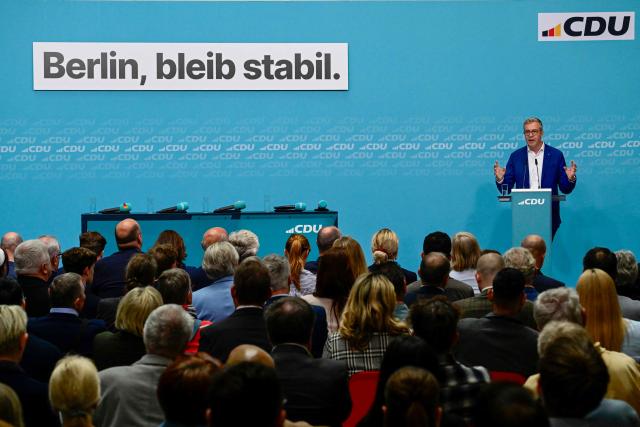 Germany's Christian Democratic Union (CDU) top candidate for the Berlin state election, Stefan Evers speaks during a campaign event at the CDU headquarters in Berlin, eastern Germany, on September 17, 2026. (Photo by John MACDOUGALL / AFP)