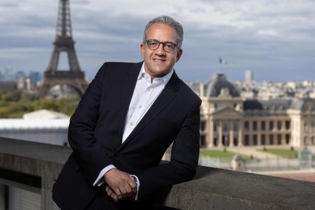 UNESCO Director-General Khaled El-Enany poses for a photo session at the organisation's headquarters in Paris on September 17, 2026. (Photo by JOEL SAGET / AFP)