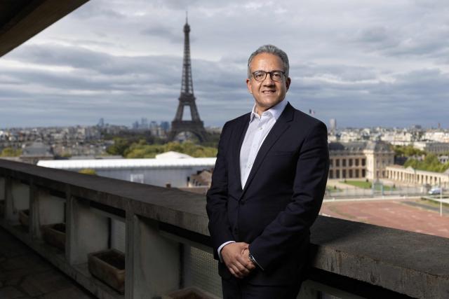 UNESCO Director-General Khaled El-Enany poses for a photo session at the organisation's headquarters in Paris on September 17, 2026. (Photo by Joel Saget / AFP)