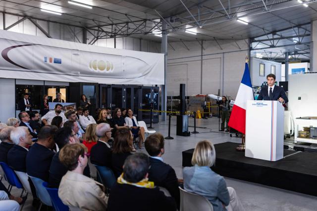 Centre-right party Renaissance candidate in France's 2027 presidential election Gabriel Attal delivers a speech on the future of Europe at the aerospace company Latitude in Reims, northeastern France, on September 17, 2026. (Photo by Sameer Al-DOUMY / AFP)