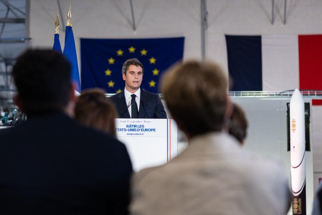 Centre-right party Renaissance candidate in France's 2027 presidential election Gabriel Attal delivers a speech on the future of Europe at the aerospace company Latitude in Reims, northeastern France, on September 17, 2026. (Photo by Sameer Al-DOUMY / AFP)