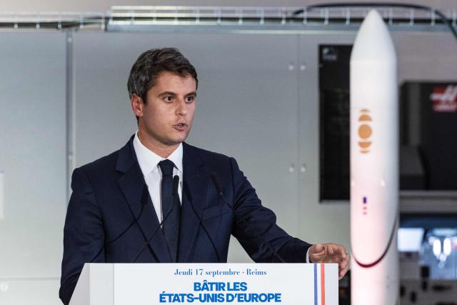 Centre-right party Renaissance candidate in France's 2027 presidential election Gabriel Attal delivers a speech on the future of Europe at the aerospace company Latitude in Reims, northeastern France, on September 17, 2026. (Photo by Sameer Al-DOUMY / AFP)