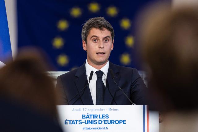 Centre-right party Renaissance candidate in France's 2027 presidential election Gabriel Attal delivers a speech on the future of Europe at the aerospace company Latitude in Reims, northeastern France, on September 17, 2026. (Photo by Sameer Al-DOUMY / AFP)